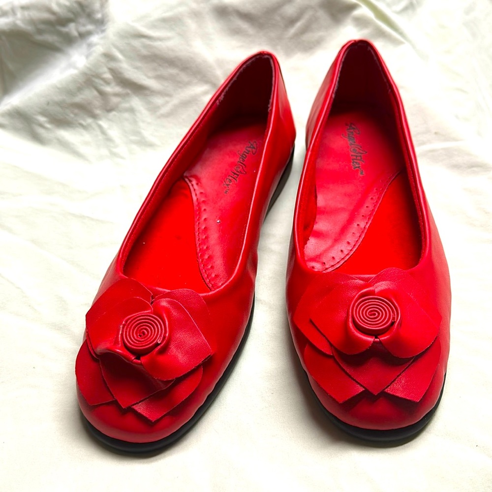 Angel Flex Red Flats with Rose design. Size 7.5